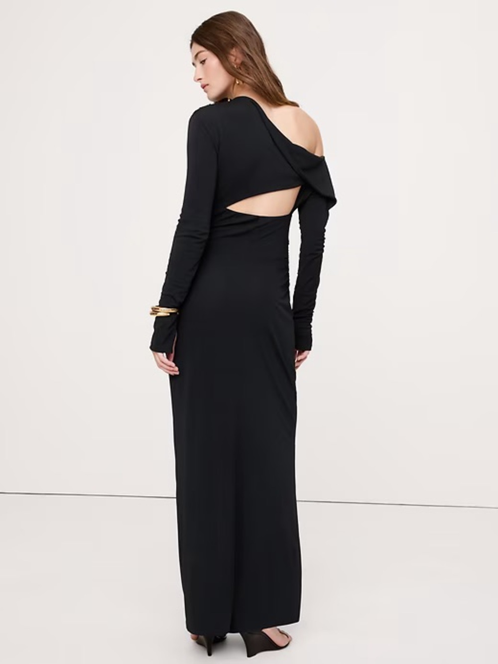 NEW! BANANA REPUBLIC BLACK JERSEY KNIT ASYMMETRICAL DRAPED MAXI DRESS 🧬